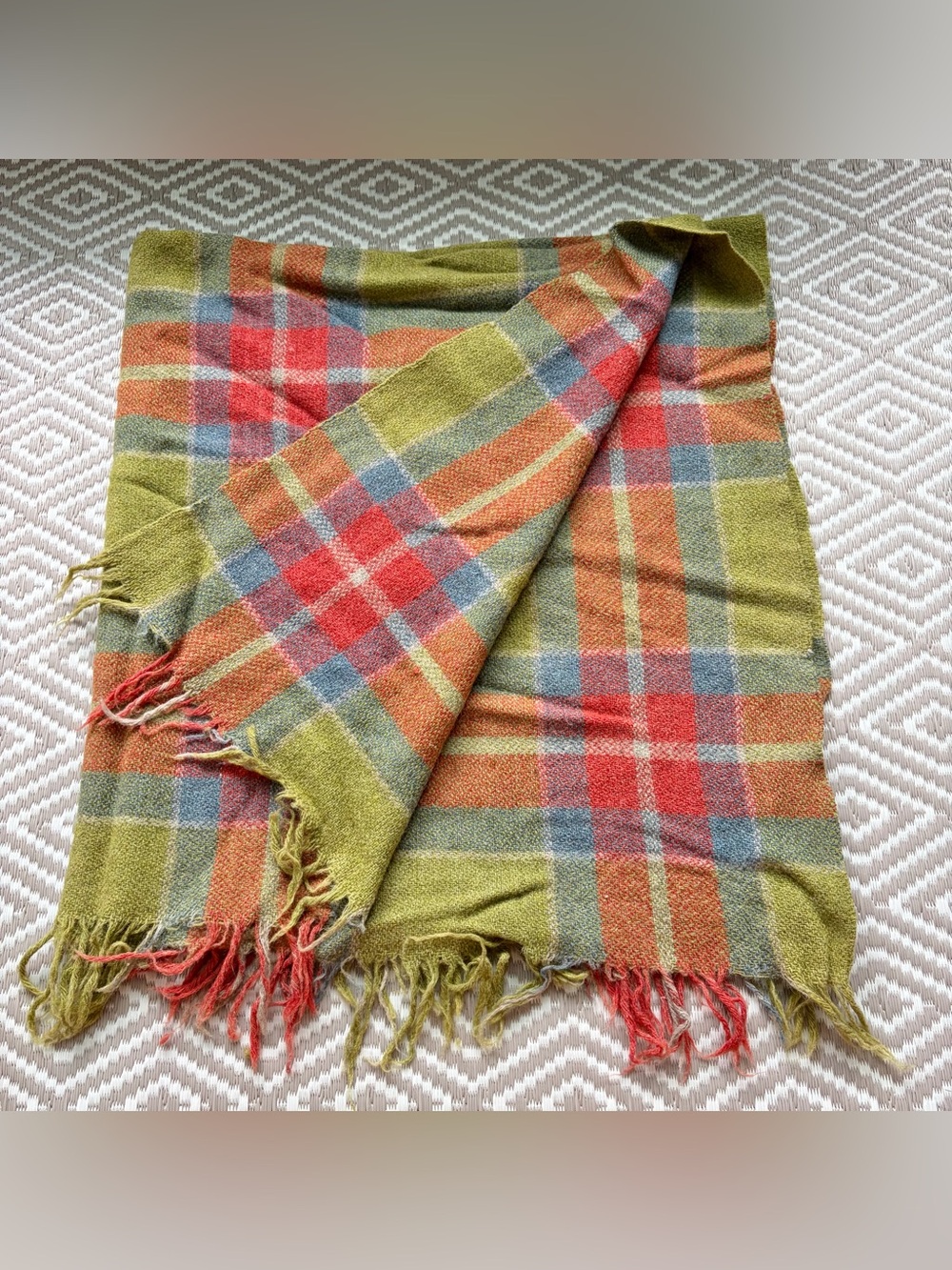Green Plaid Tartan Woven Wool Mohair Tassel Throw Blanket Vintage